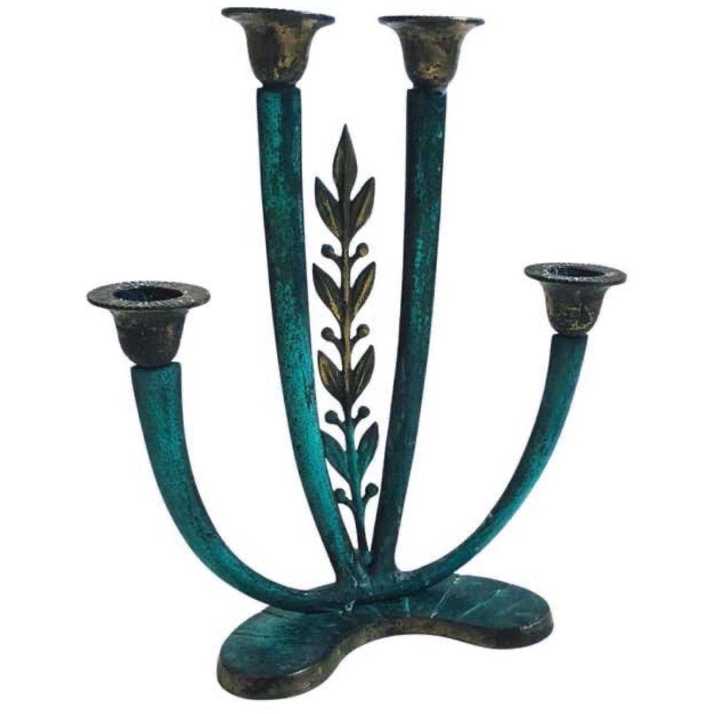 Handcrafted Teal Metal Candelabra - 4-Arm Decorative Candle Holder